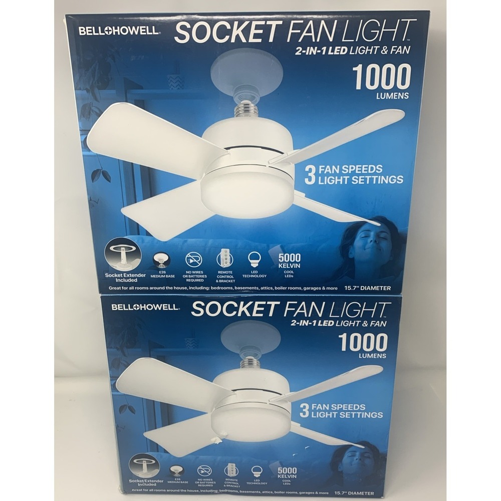 Lot Of 2 Bell + Howell Socket‎ Fan Light 2-in-1 LED Light & Fan W/ Remote NIB